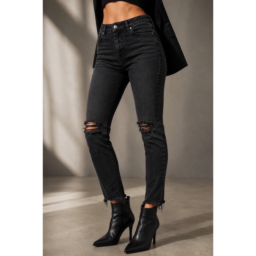 Mother Women's Looker Ankle Fray Skinny Jeans Black Distressed Raw Hem Size 31